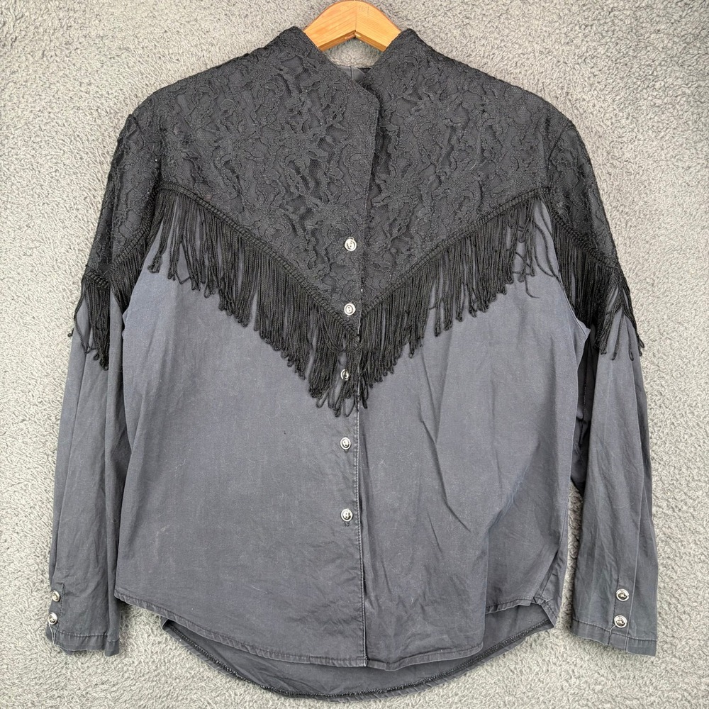 Circle T Marilyn Lenox Black Western Fringe Lace Shirt 4197‎ Medium Made in USA